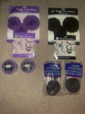 Purple and Black Party Decorations Pack - Fluffy Pom Poms & Crepe Streamers